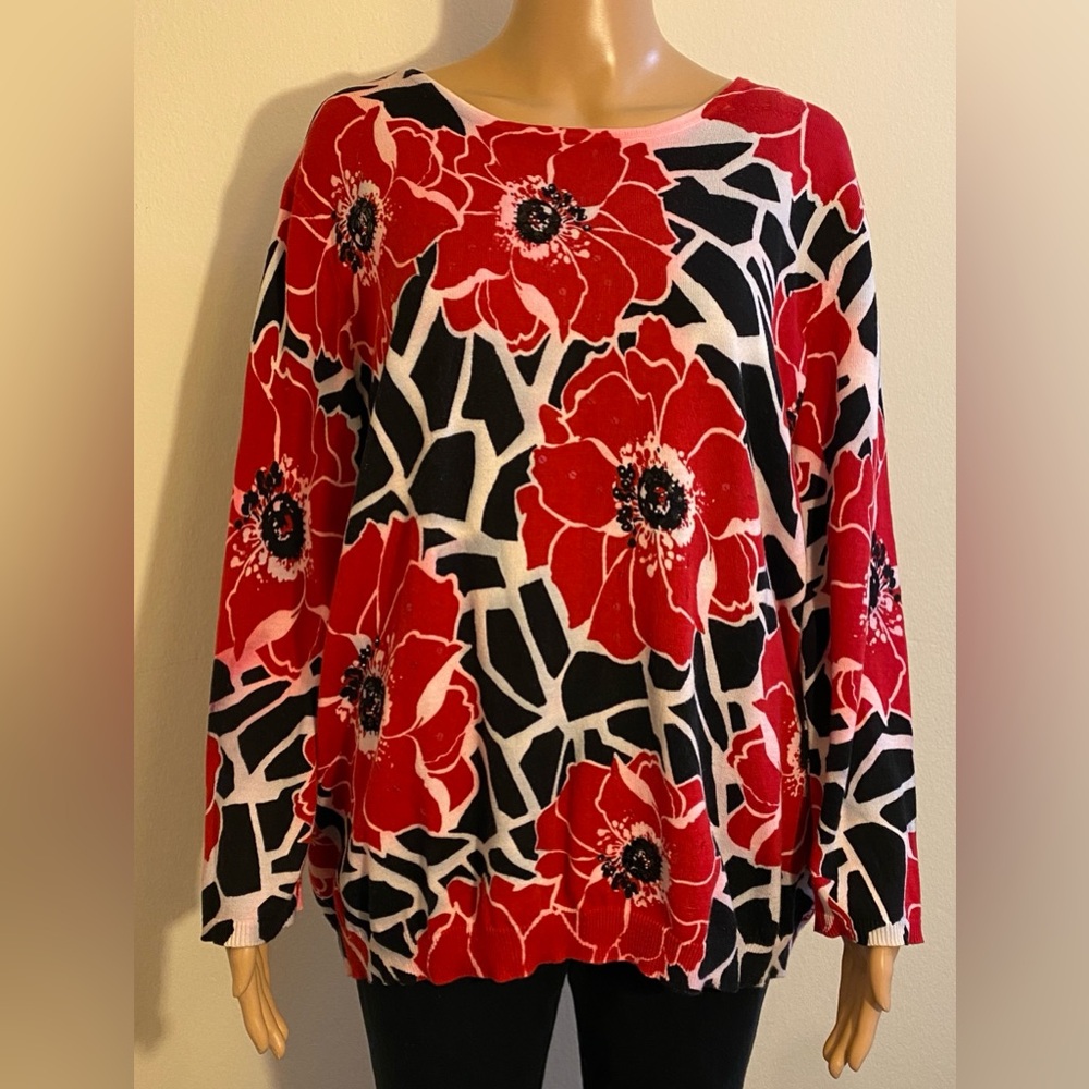 Alfred Dunner 3/4 Sleeve Red, White, Black w/ Decorative Sequins & Beads Sweater